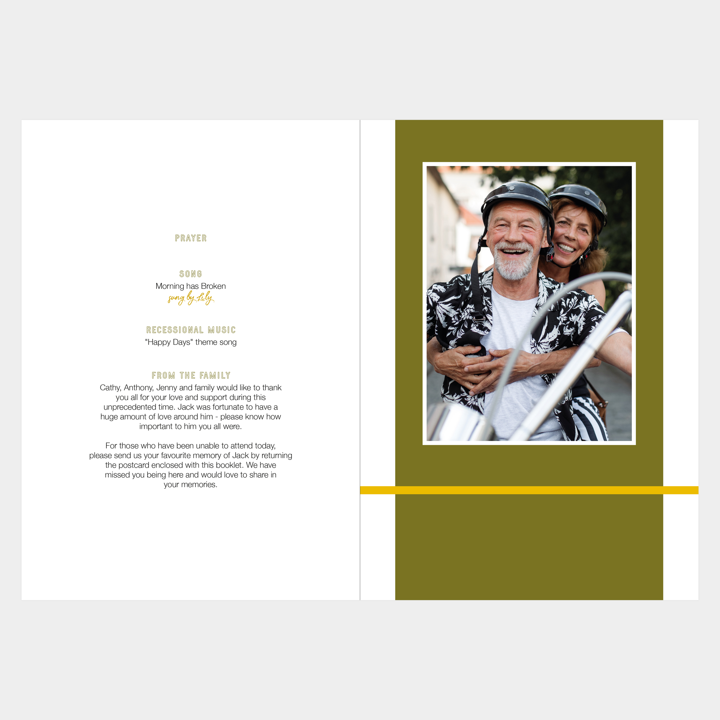 Bold funeral order of service design, striking colours, belt and braces, masculine design, modern, contemporary, memorial, memorial booklet