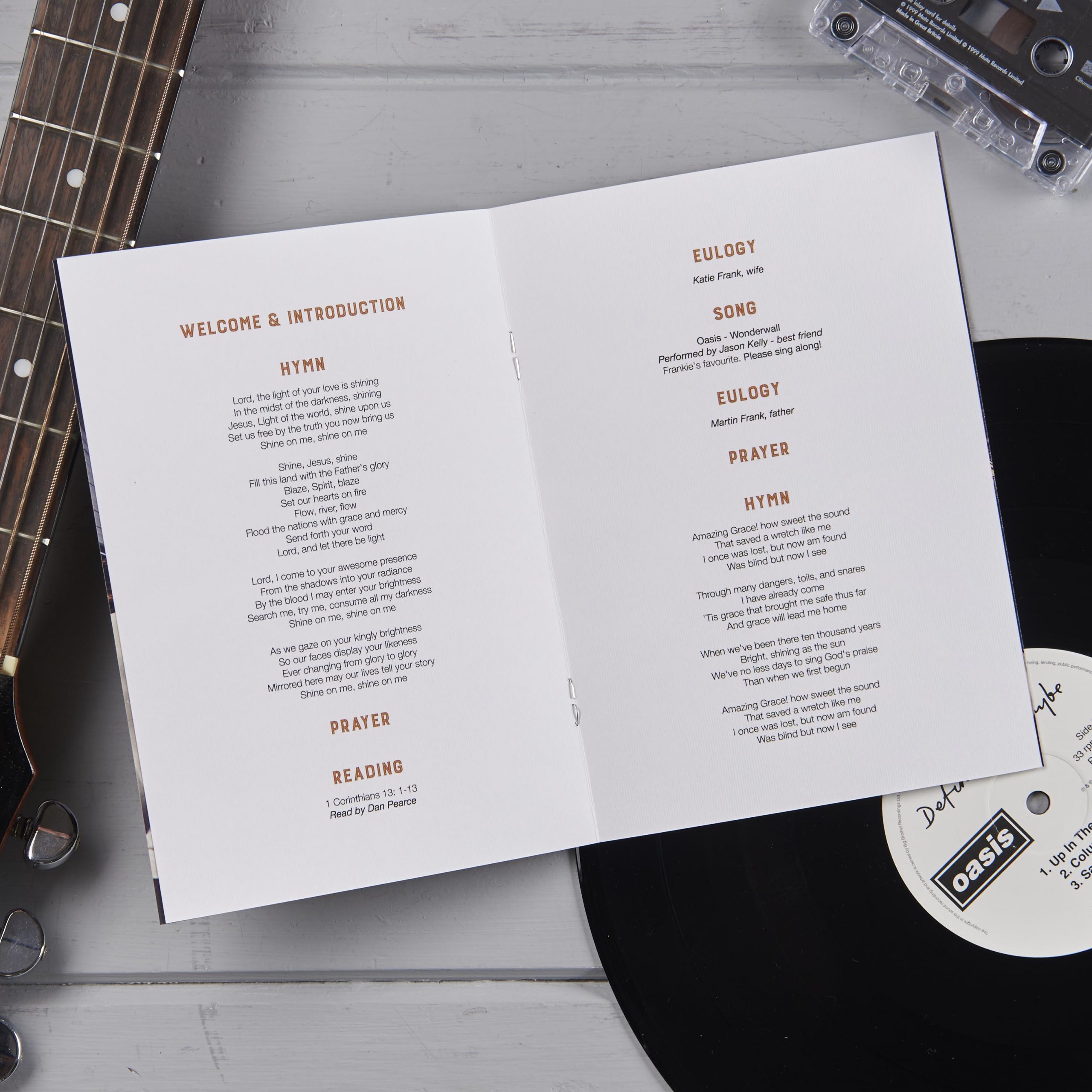 Music theme funeral order of service. Vinyl record. Funeral booklet. Drum sticks.