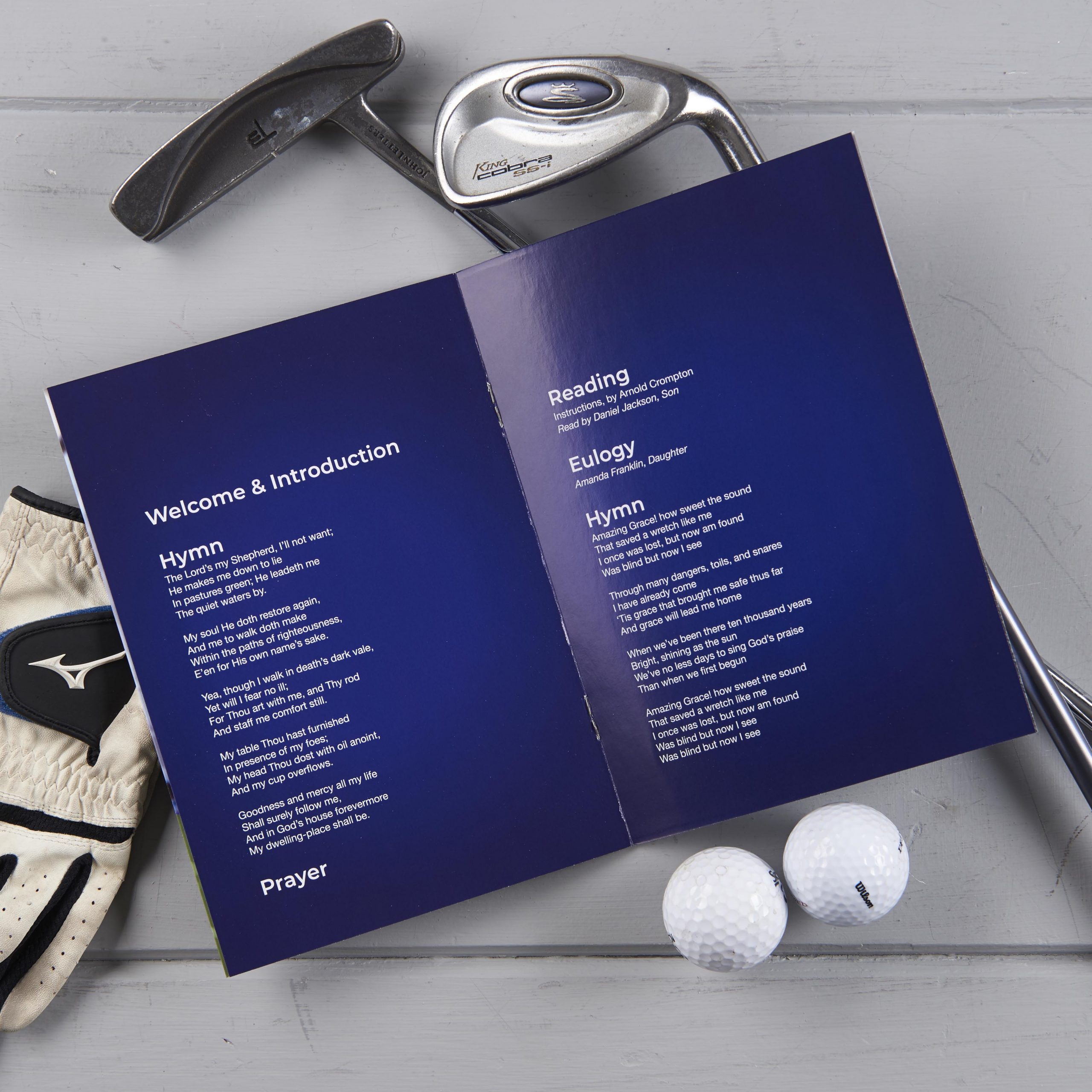Golf theme funeral order of service, golf theme, golf magazine cover design, golf themed funeral