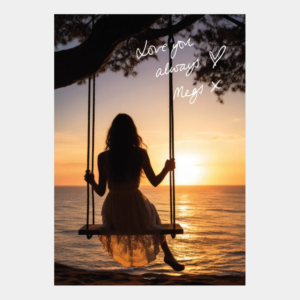 Funeral Order of Service booklet with large photo filling the whole of the back cover, showing a woman on a swing at sunset, overlooking the ocean. There is a snippet of her handwriting overlaid at the top, saying "Love you always".