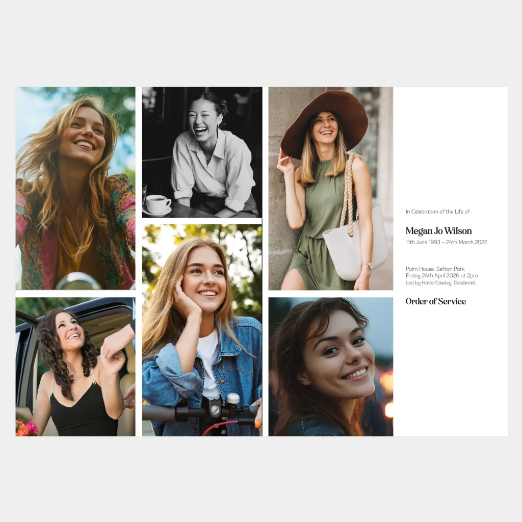 Double page inside spread of funeral Order of Service booklet with a collage of photos filling the left three-quarters of the spread, arranged in columns, and an overview of the service on the right hand side. It has a joyful and uplifting feel.