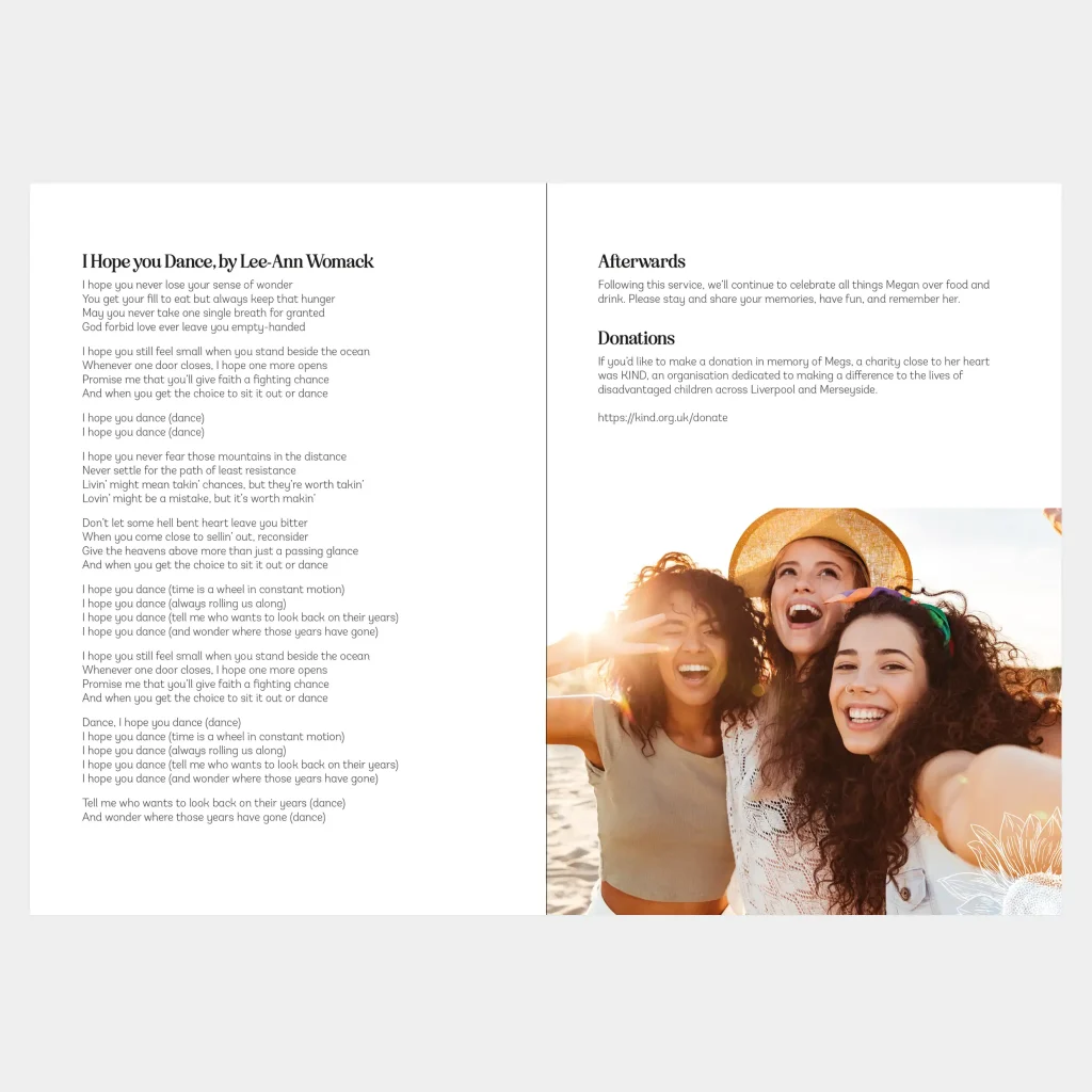 Double page inside spread of funeral Order of Service booklet with song lyrics and a large photo filling the bottom half of one page, overlaid with a simple white line drawing of a sunflower. It has a joyful and uplifting feel.